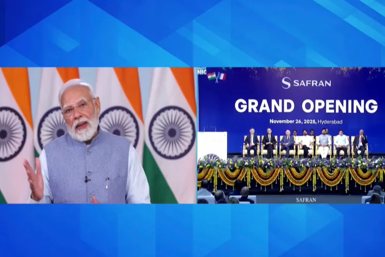 Prime Minister Narendra Modi speaks during the virtual inauguration of the Safran Aircraft Engine Services India facility in Hyderabad