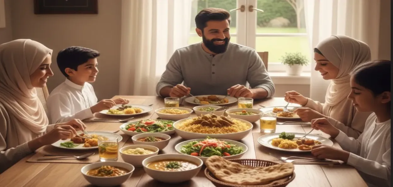 A Muslim family having meal together