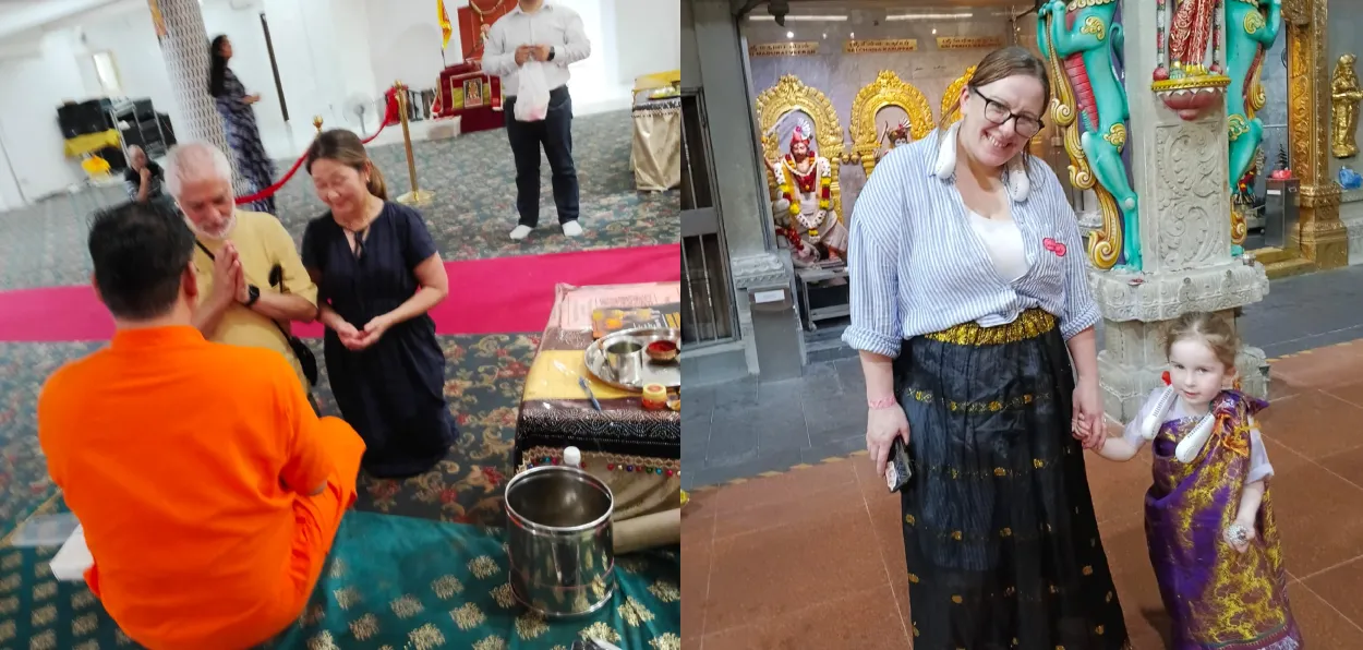 Raj Kaul and his Chinese wife at Laxmi Narayan temple and Kim and her daughter at Kali Temple, Singapore City