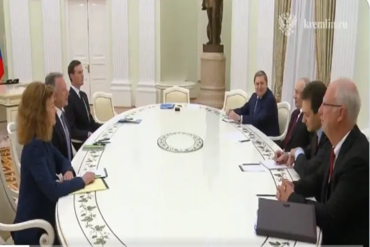 Russian President Vladimir Putin  deliberating with  Steve Witkoff and Jared Kushner in the Kremlin 