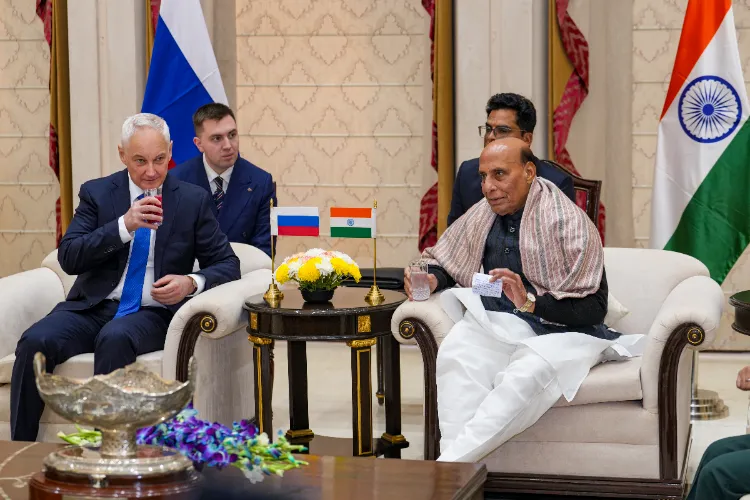 Defence Minister Rajnath Singh with his Russian counterpart Andrey Belousov prior to the 22nd India-Russia Inter-Governmental Commission on Military and Military Technical Cooperation ministerial meeting