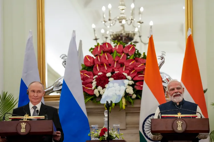 Prime Minister Narendra Modi with Russian President Vladimir Putin during a joint press statement