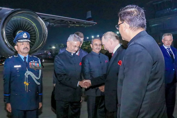 Union External Affairs Minister S Jaishankar greets Russian President Vladimir Putin as the latter prepares to depart from New Delhi