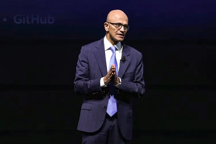 Microsoft CEO Satya Nadella addresses the gathering at an event, in New Delhi