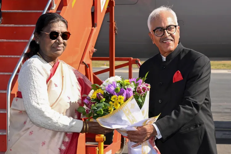 President Droupadi Murmu being welcomed by Manipur Governor Ajay Kumar Bhalla on her arrival, in Imphal, Manipur