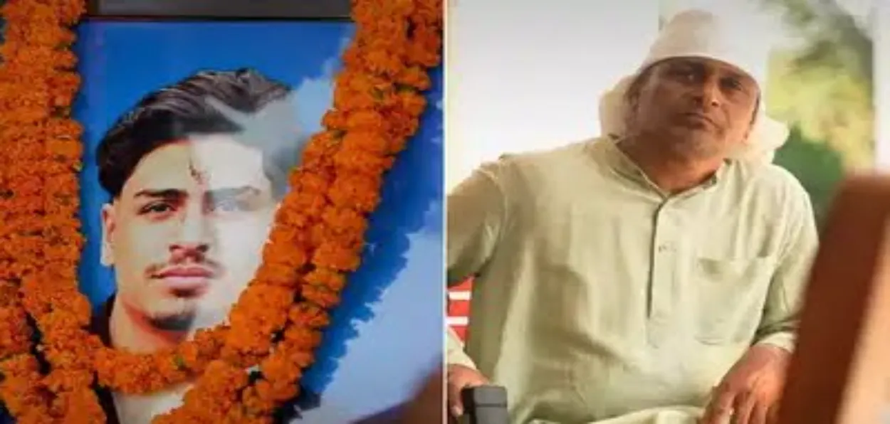 Garlanded picture of Shivam Kumar  and his father Janardhan Singhar