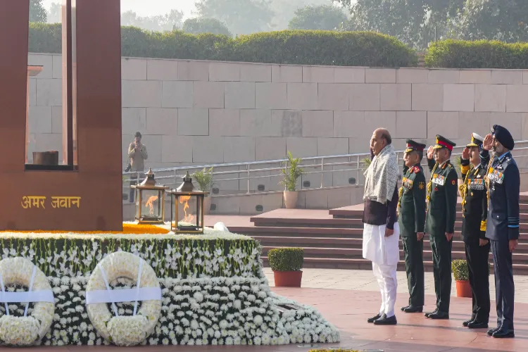 Defence Minister Rajnath Singh at the National War Memorial on Vijay Diwas, in New Delhi