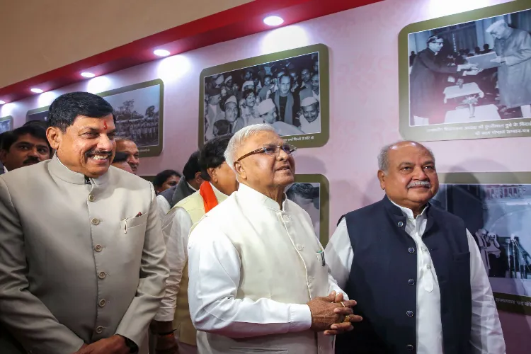  From left, Madhya Pradesh Chief Minister Mohan Yadav, Governor Mangubhai Patel, and Assembly Speaker Narendra Singh Tomar 