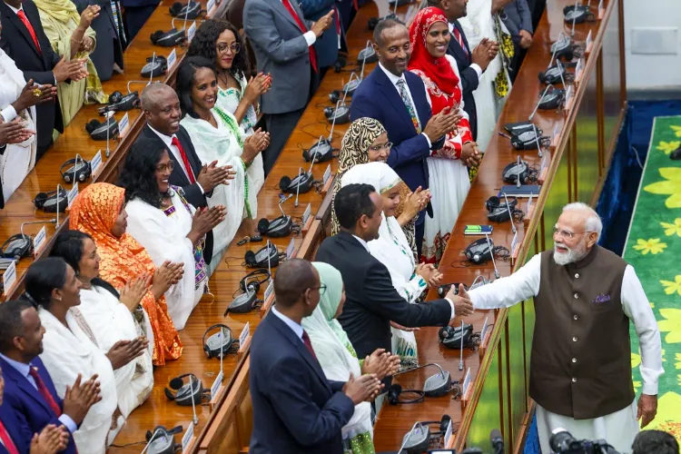 Prime Minister Narendra Modi being greeted by Ethiopian leaders during a joint session of the Parliament, in Addis Ababa, Ethiopia