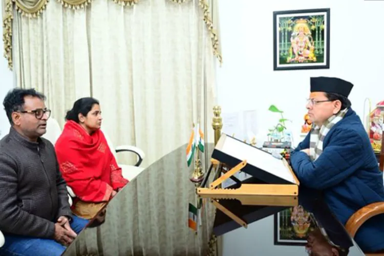 Uttarakhand Chief Minister Pushkar Singh Dhami with wife and brother of late journalist Pankaj Mishra