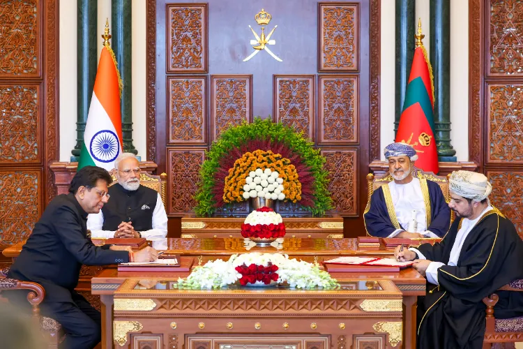 Prime Minister Narendra Modi with Sultan of Oman Haitham bin Tarik witnesses exchange of MoUs, in Muscat, Oman. Union Minister of Commerce and Industry Piyush Goyal is also seen