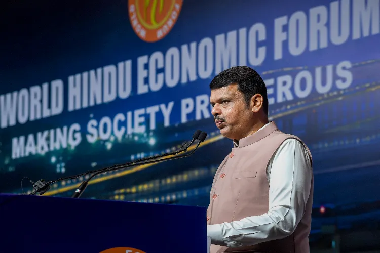  Maharashtra Chief Minister Devendra Fadnavis addresses the gathering during the World Hindu Economic Forum Conference 2025, in Mumbai