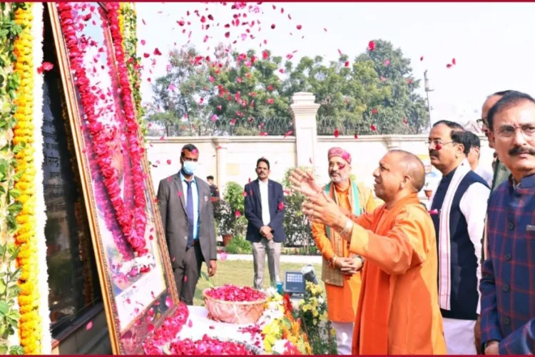Uttar Pradesh Chief Minister Yogi Adityanath pays tribute to former prime minister Atal Bihari Vajpayee on his 101st birth anniversary, at Lok Bhawan, in Lucknow