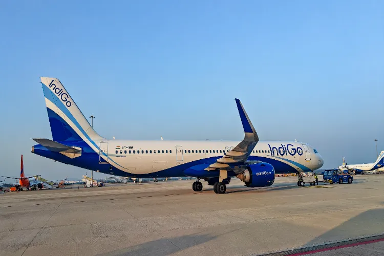 An IndiGo flight prepares to take off from Kempegowda International Airport in Bengaluru