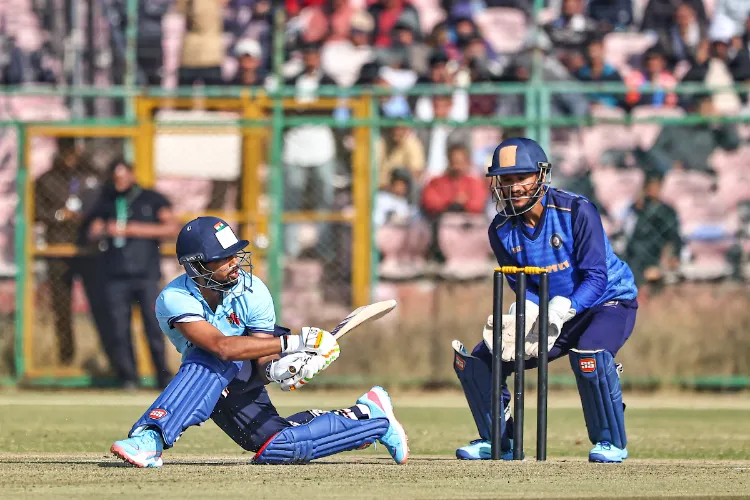 Mumbai's Musheer Khan plays a shot during a Vijay Hazare Trophy 2025-26 cricket match between Mumbai and Uttarakhand, at Sawai Mansingh Stadium, in Jaipur