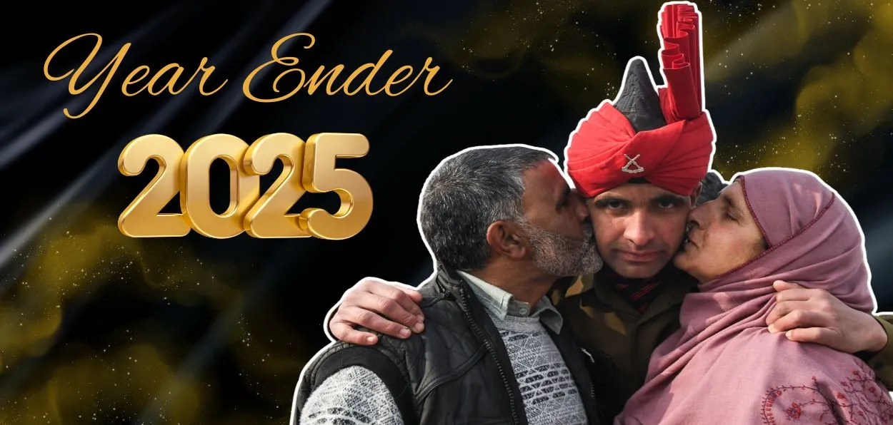 A young soldier of JAKLI, Indian Army, with his parents after passing out parade in Srinagar