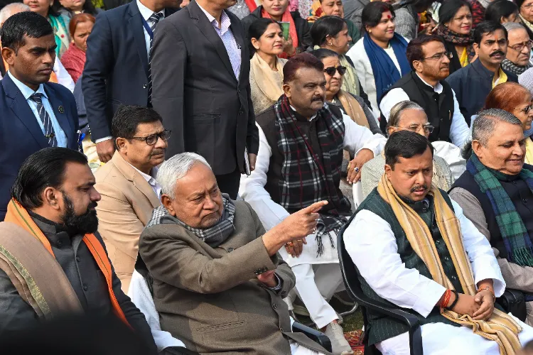 Chief Minister Nitish Kumar with state Deputy Chief Minister Samrat Choudhary and BJP National Working President Nitin Nabin during an event to pay tribute to party leader and Nitin's father Naveen Kishore Prasad Sinha on his death anniversary, in Patna