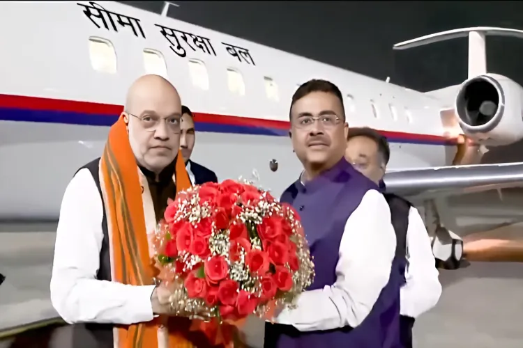 BJP chief of West Bengal Suvendu Adhikari welcomes Home Minister Amit Shah at Kolkata airport