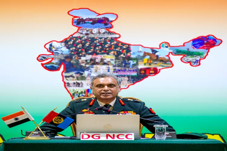Director General of the National Cadet Corps (NCC) Lt. Gen. Virendra Vats addresses the media in New Delhi