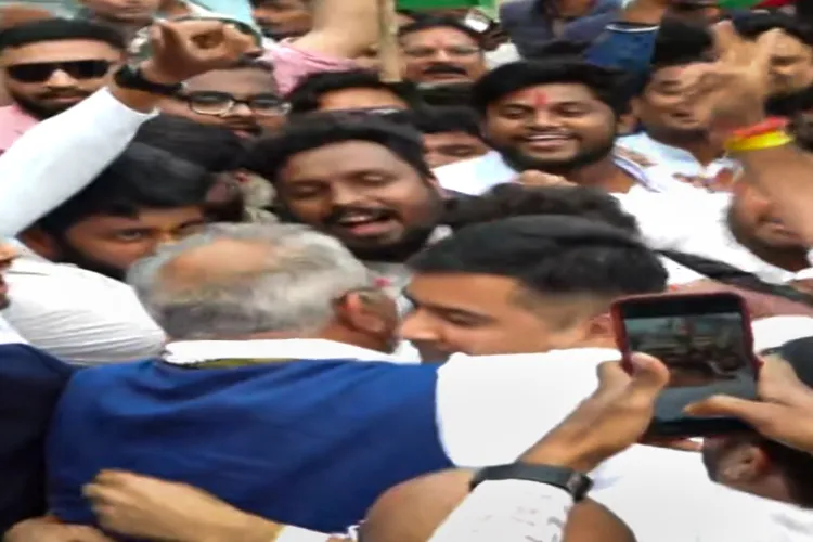 Chaitanya Baghel being greeted by his father, former Chhattisgarh chief minister and Congress leader Bhupesh Baghel, following his release from Raipur jail