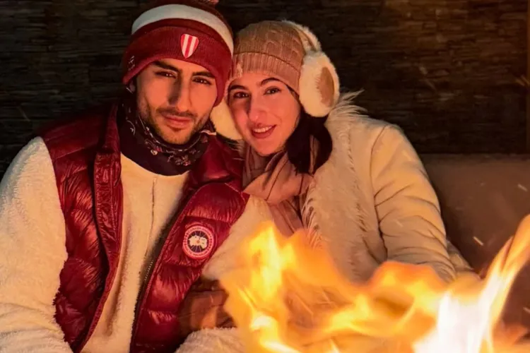 Actors Sara Ali Khan with her brother Ibrahim Ali Khan in asn unknowen winter destination