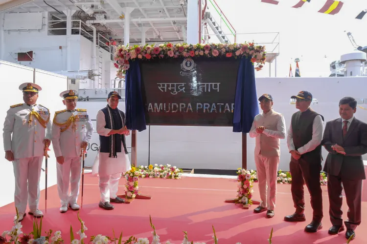 Defence Minister Rajnath Singh during commissioning of the Indian Coast Guard's (ICG) first indigenously designed and built pollution control vessel 'Samudra Pratap' in Goa. 