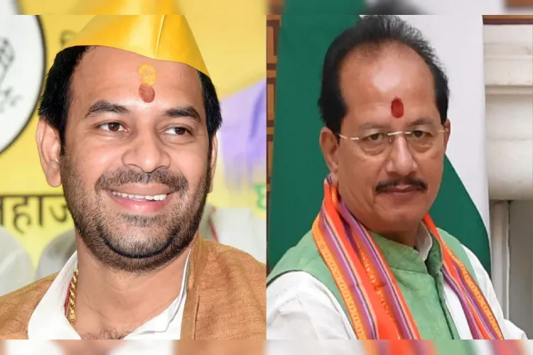 JJD President Tej Pratap Yadav and BJP leader and Bihar Deputy Chief Minister Vijay Kumar Sinha