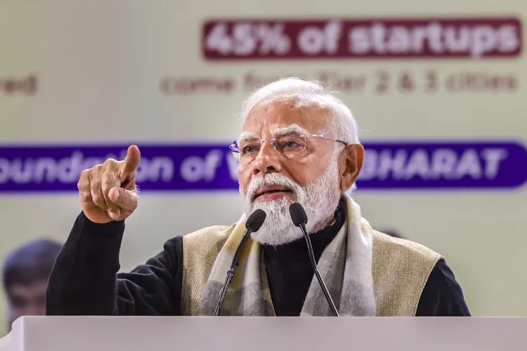In this image received on Jan. 16, 2026, Prime Minister Narendra Modi addresses a gathering during an event to mark National Startup Day, in New Delhi.