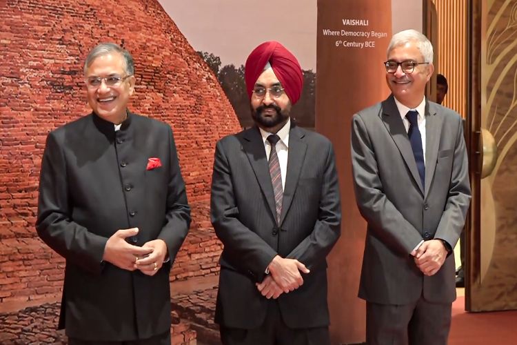 Chief Election Commissioner (CEC) Gyanesh Kumar and Election Commissioners Sukhbir Singh Sandhu and Vivek Joshi arrive to attend the India International Conference on Democracy and Election Management 
