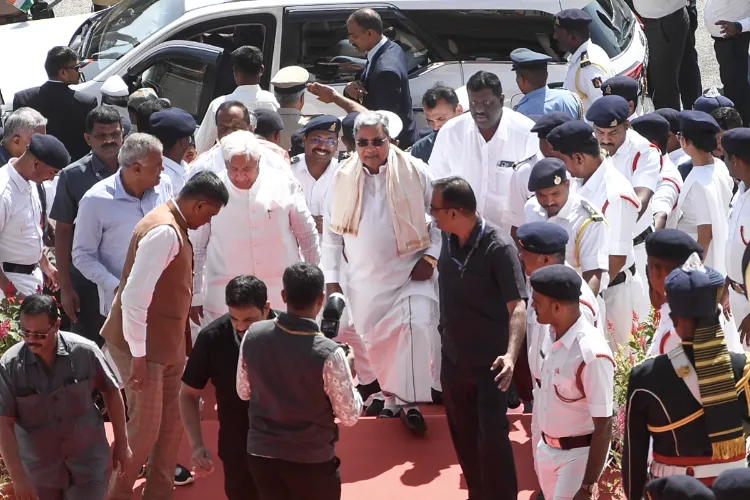 Karnataka Chief Minister Siddaramaiah leaves after the joint session of the state legislature, at Vidhana Soudha, in Bengaluru