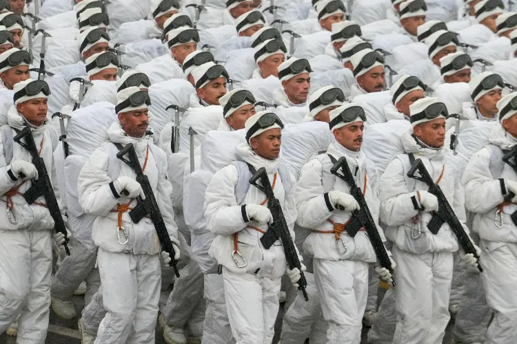  Indian Army personnel, in all-white snow camouflage uniform, also known as the 'Himkavach' uniform, during rehearsals for Republic Day, at Kartavya Path in New Delhi