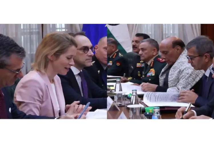 Defence Minister Rajnath Singh along with the three service Chiefs met with a high level European Union delegation led by Kaja Kallas