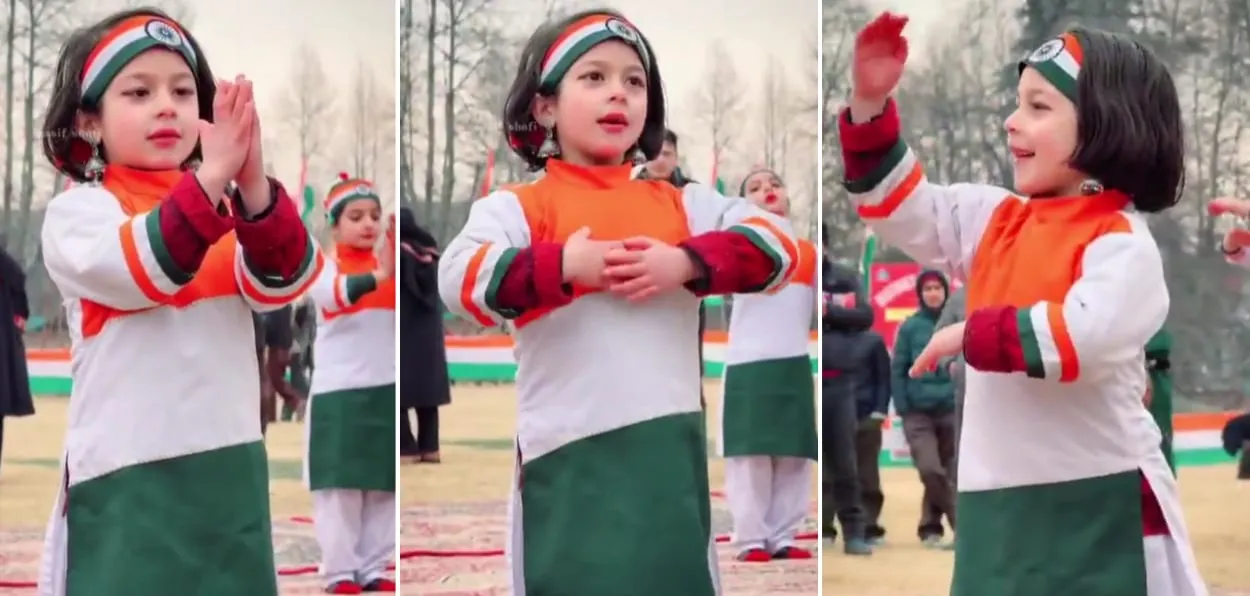 A Kashmiri schoolgirl singing and dancing on a parotitic number on Republic Day celebration