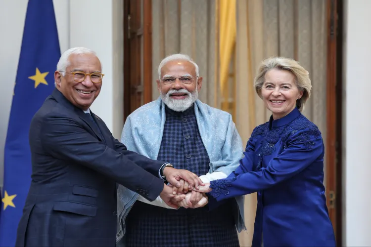 Prime Minister Narendra Modi, Ursula von der Leyen, and Antonio Costa address the media at Hyderabad House, New Delhi, celebrating the milestone.