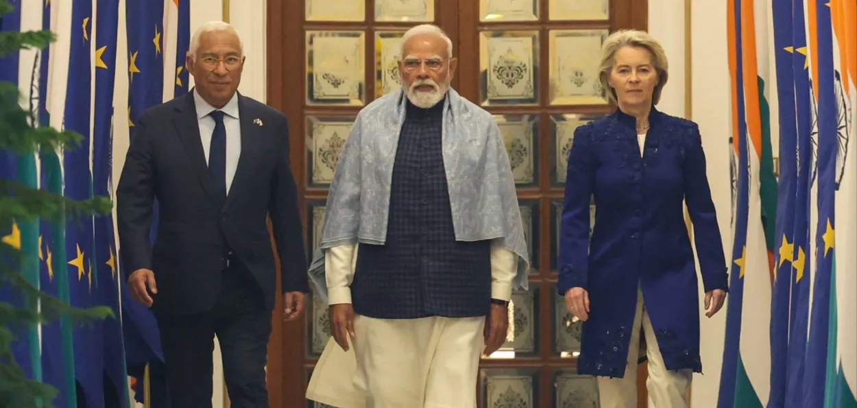 Prime Minister Narendra Modi with European Council President António Costa and European Commission President Ursula von der Leyen.