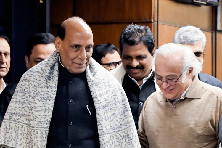 defnce Minister Rajnath Singh and Congress leader Jairam Ramesh after an all party meeting on Budget session