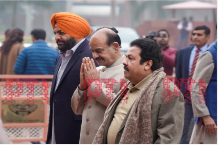 Lok Sabha Speaker Om Birla with Congress MPs Gurjeet Singh Aujla and Rajeev Shukla during the first day of the Budget session of Parliament, in New Delhi