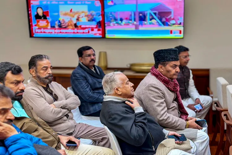 Makkal Needhi Maiam (MNM) MP Kamal Haasan, Congress MP Syed Naseer Hussain and others during a meeting of the INDIA bloc floor leaders ahead of the Union Budget 2026-27, at Parliament House, in New Delhi