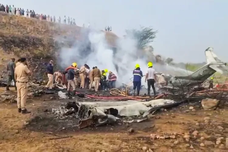 Maharashtra Deputy Chief Minister Ajit Pawar's plane in flames after it crashed during landing, at Baramati in Pune district, Maharashtra