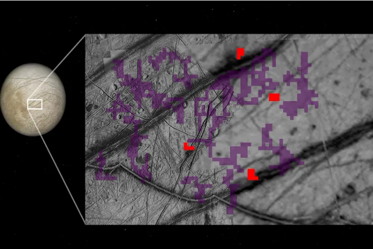 Red pixels mark locations on Europa’s surface where ammonia-bearing compounds were detected