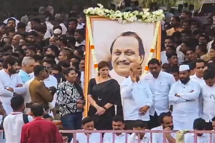 People gather to pay their last respects to Maharashtra Deputy Chief Minister Ajit Pawar who was killed after an aircraft carrying him crashed, at Baramati, in Pune, Maharashtra
