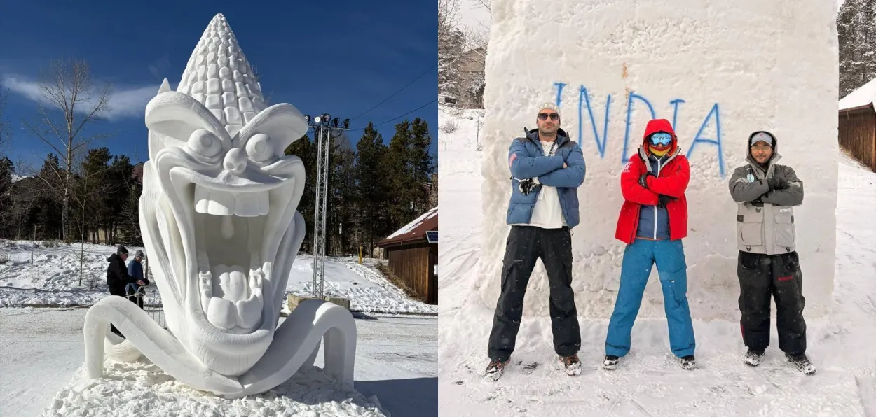Team India -Zahoor Ahmed Lone, Suhail Mohammad Khan, Mridul Upadhyay with their snow sculpture 