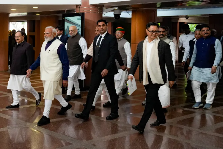 Prime Minister Narendra Modi after the NDA Parliamentary Party meeting, at Parliament premises in New Delhi, Tuesday, Feb. 3, 2026. Union Ministers Amit Shah, JP Nadda, Kiren Rijiju and others also seen. 