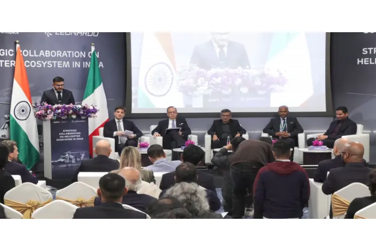 Officials from Adani Defence & Aerospace and Leonardo during the announcement of their strategic collaboration to build a helicopter manufacturing ecosystem in India, in New Delhi.