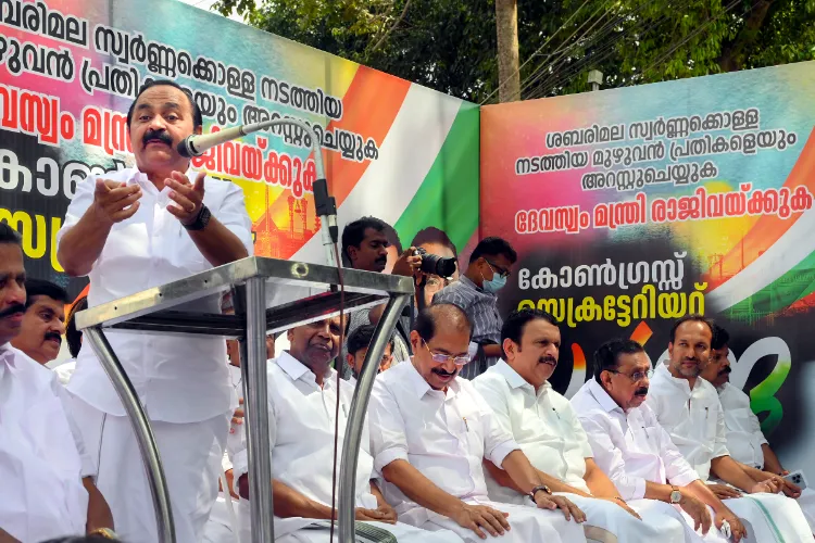 Kerala Leader of the Opposition VD Satheesan speaks at a protest organised by the Congress in front of the State Secretariat demanding the resignation of Devaswom Minister VN Vasavan over the Sabarimala gold smuggling controversy, in Thiruvananthapuram