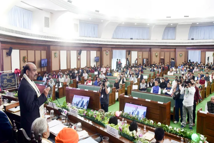 Lok Sabha Speaker Om Birla delivers the keynote address on 'Strong Legislators - Strong Democracy' during Bihar Vidhan Sabha's 106th Foundation Day celebrations at the Central Hall of the Bihar Legislative Assembly, in Patna