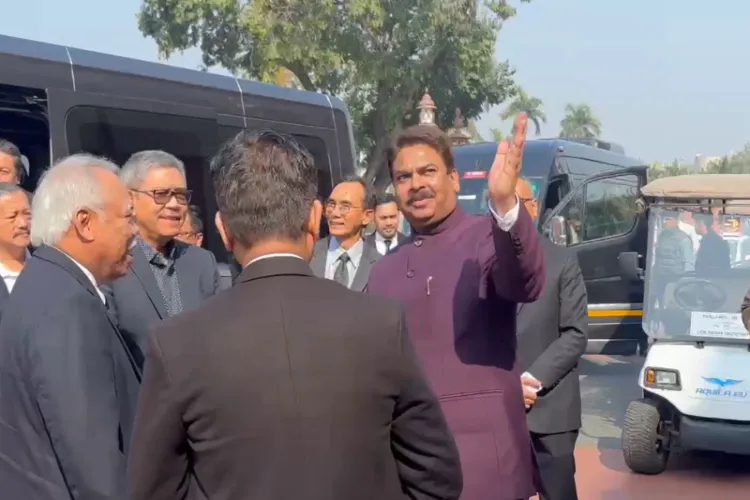 Members of an Indonesian delegation arrive at Parliament during the ongoing Budget Session of both Houses of Parliament, in New Delhi.