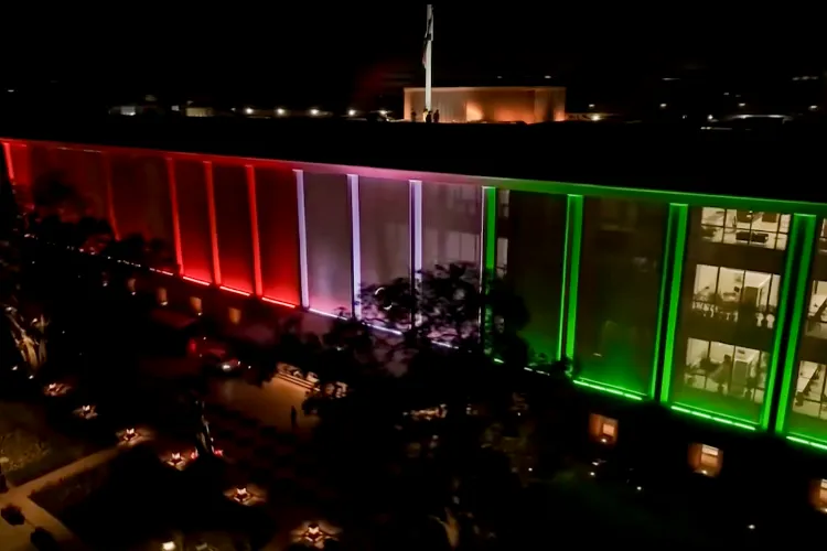  In this screengrab from a video posted on Feb. 13, 2026, the Seva Teerth is illuminated in the Indian tricolour during its inaugural event, in New Delhi.