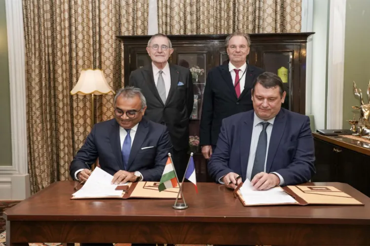 (From left to right) Ashwani Gupta, Whole-time Director and CEO, APSEZ, Herve Martel, CEO, Marseille Fos, Standing: Gerard Mestrallet, Special Envoy, French President for IMEC. Renaud Muselier, President of South Region (Photo- Adani Group)