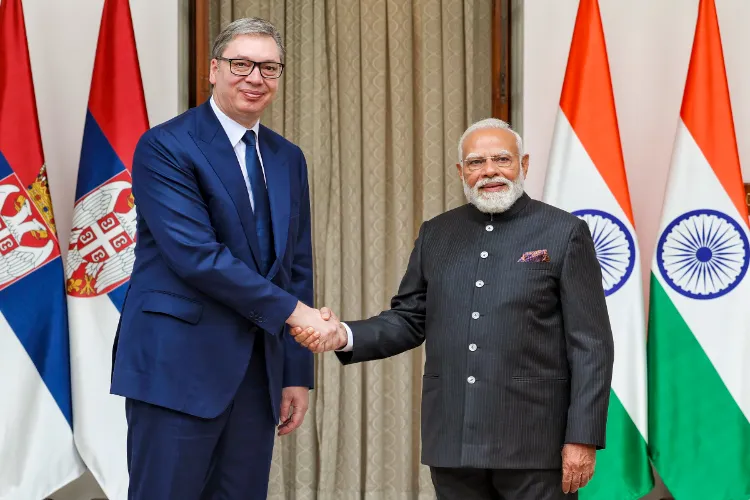 Prime Minister Narendra Modi with President of Serbia Aleksandar Vucic, in New Delhi.